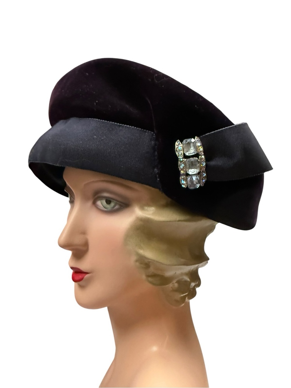 Vintage Velvet Plum Slate Blue Wool Pillbox Hat Crystal Accent- 22.5